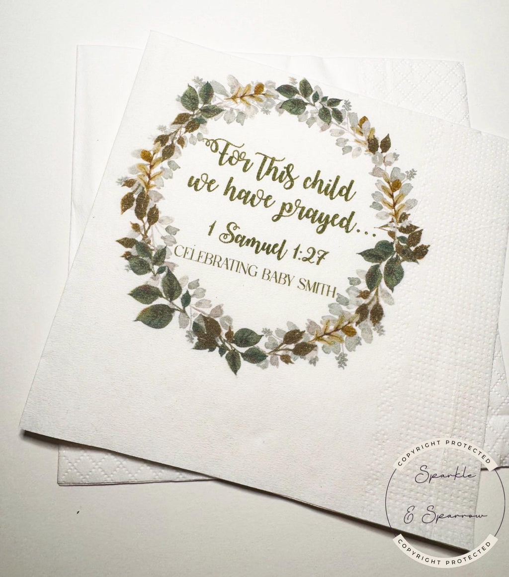 For This Child We Have Prayed Baby Shower Rainbow Baby Gender Reveal Christian Personalized Cocktail, Luncheon or Dinner Napkins Set of 25