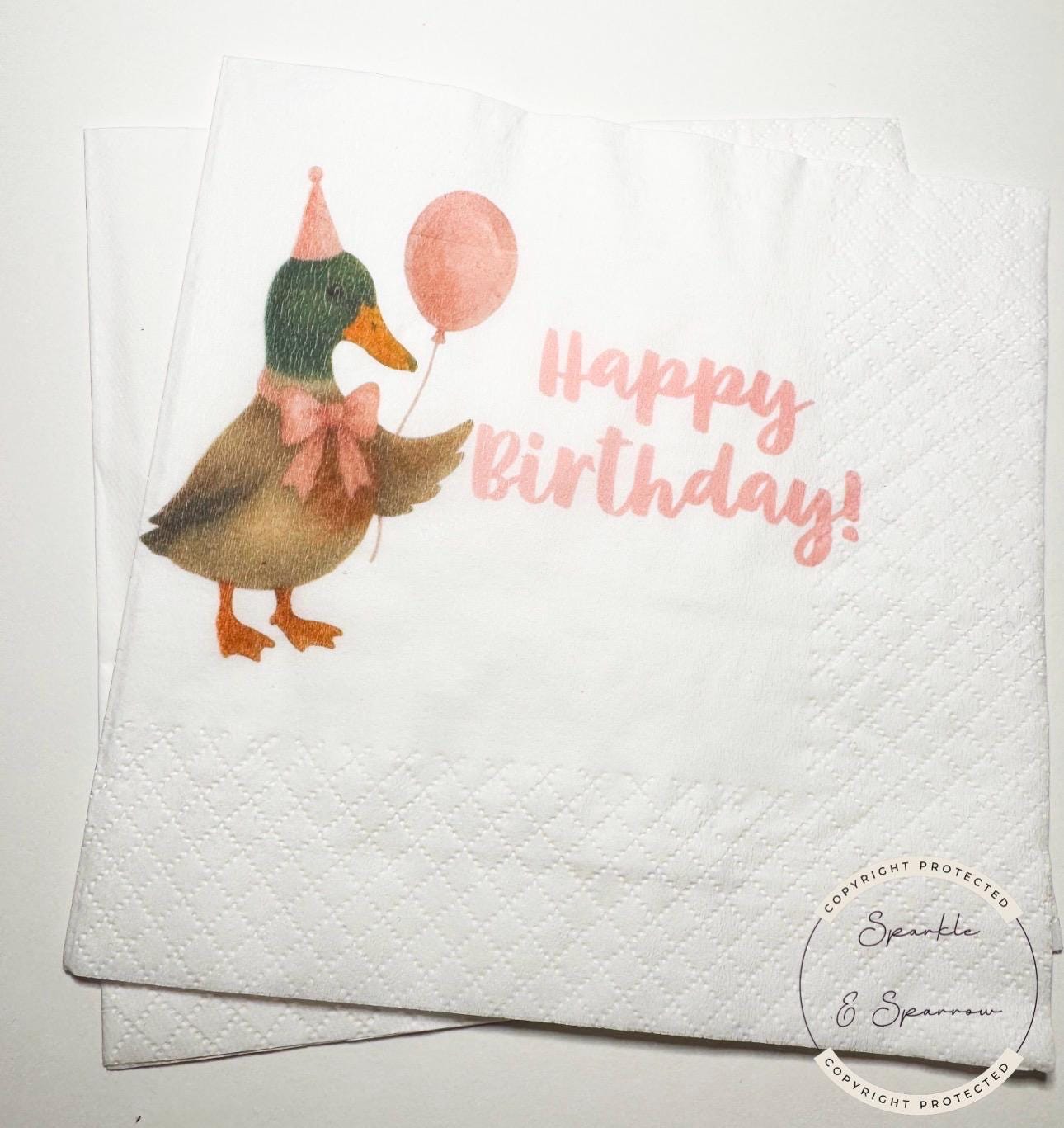 Duck Birthday One Lucky Duck Mallard Duck Party Hat Balloon Girl Pink Birthday Cocktail, Luncheon or Dinner Napkins Set of 25