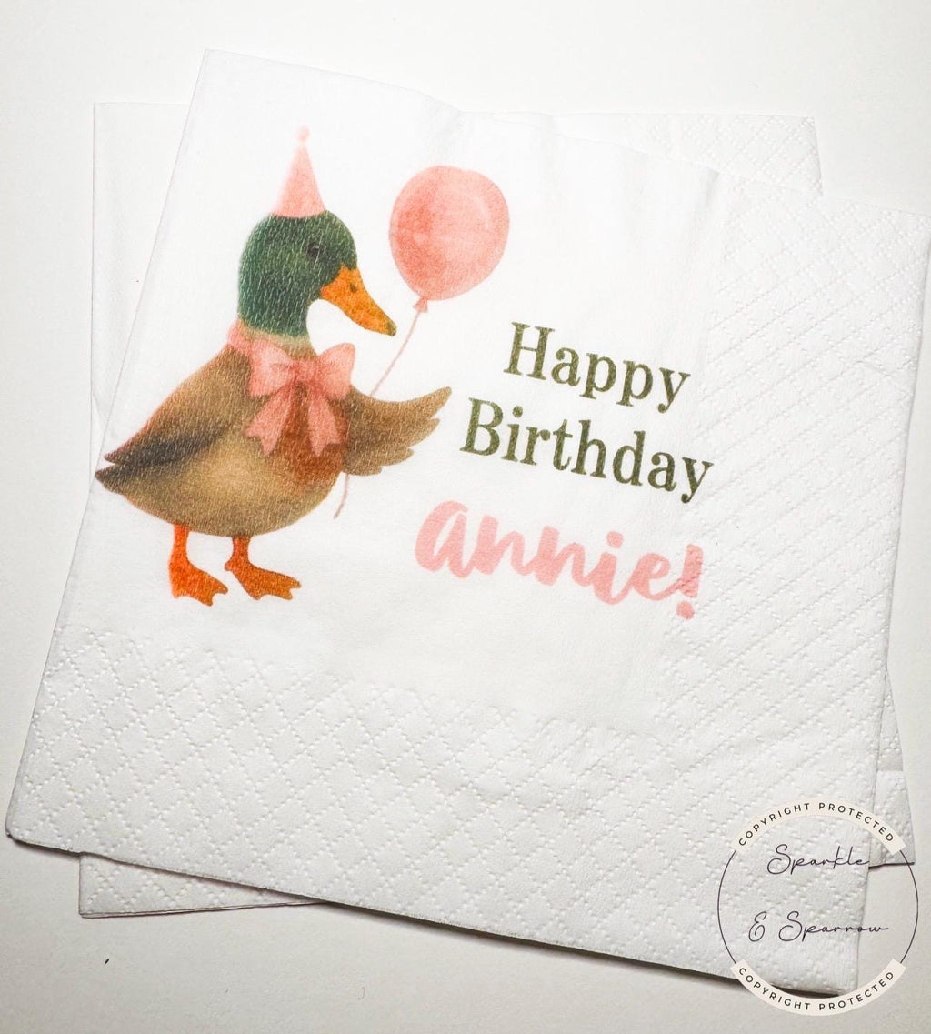 Duck Birthday One Lucky Duck Mallard Duck Party Hat Balloon Girl Pink Birthday Personalized Cocktail, Luncheon or Dinner Napkins Set of 25