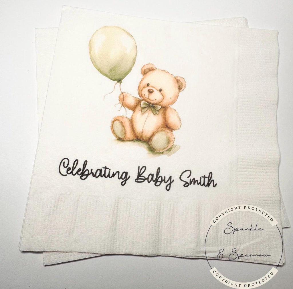 Teddy Bear Baby Shower We can Bearly Wait Green Bow Shower Fall Baby Shower Personalized Cocktail, Luncheon or Dinner Napkins Set of 25