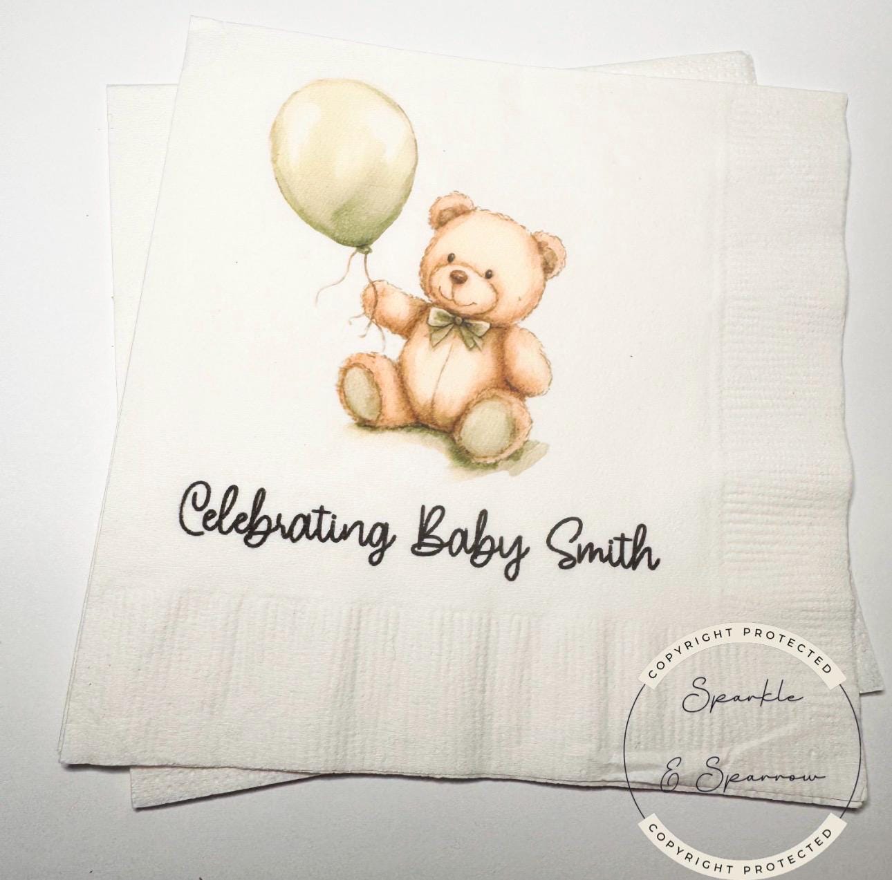 Teddy Bear Baby Shower We can Bearly Wait Green Bow Shower Fall Baby Shower Personalized Cocktail, Luncheon or Dinner Napkins Set of 25