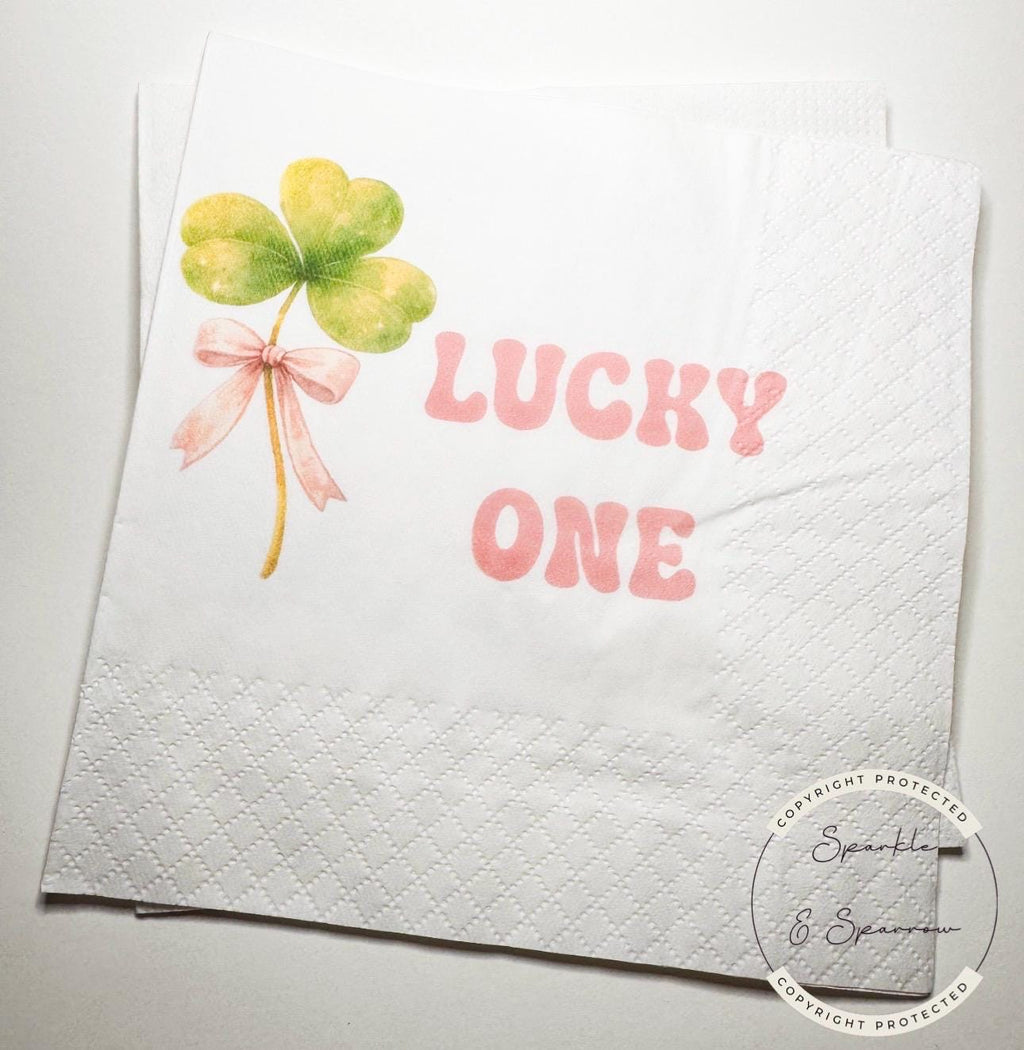 Lucky One Pink Bow Shamrock Birthday Party St. Patrick's Day Birthday Party Pink Green Shamrock Cocktail, Lunch or Dinner Napkins, Set of 25