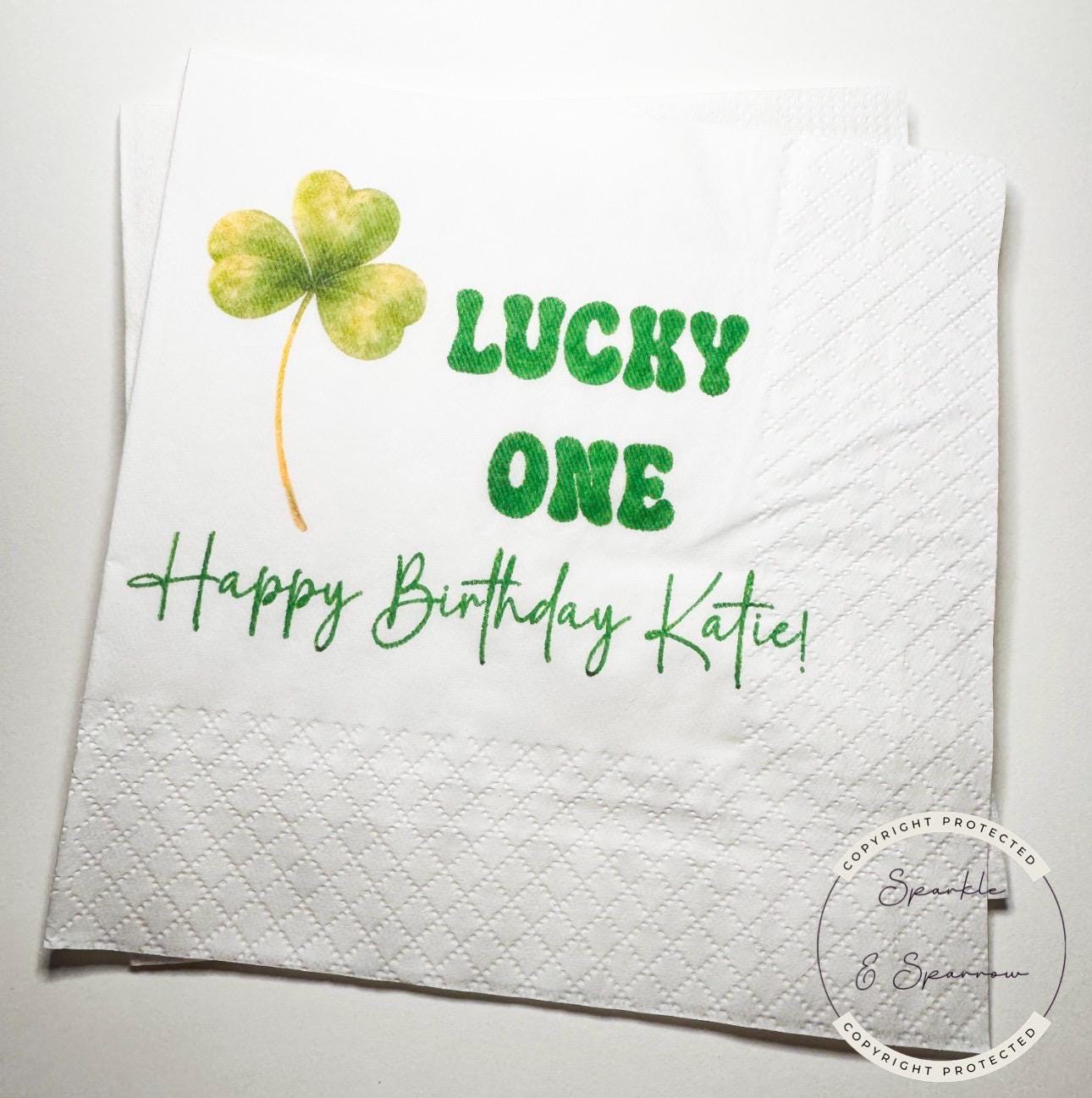 Lucky One Green Shamrock Birthday Party St. Patrick's Day Birthday Party Personalized Cocktail, Lunch or Dinner Napkins, Set of 25