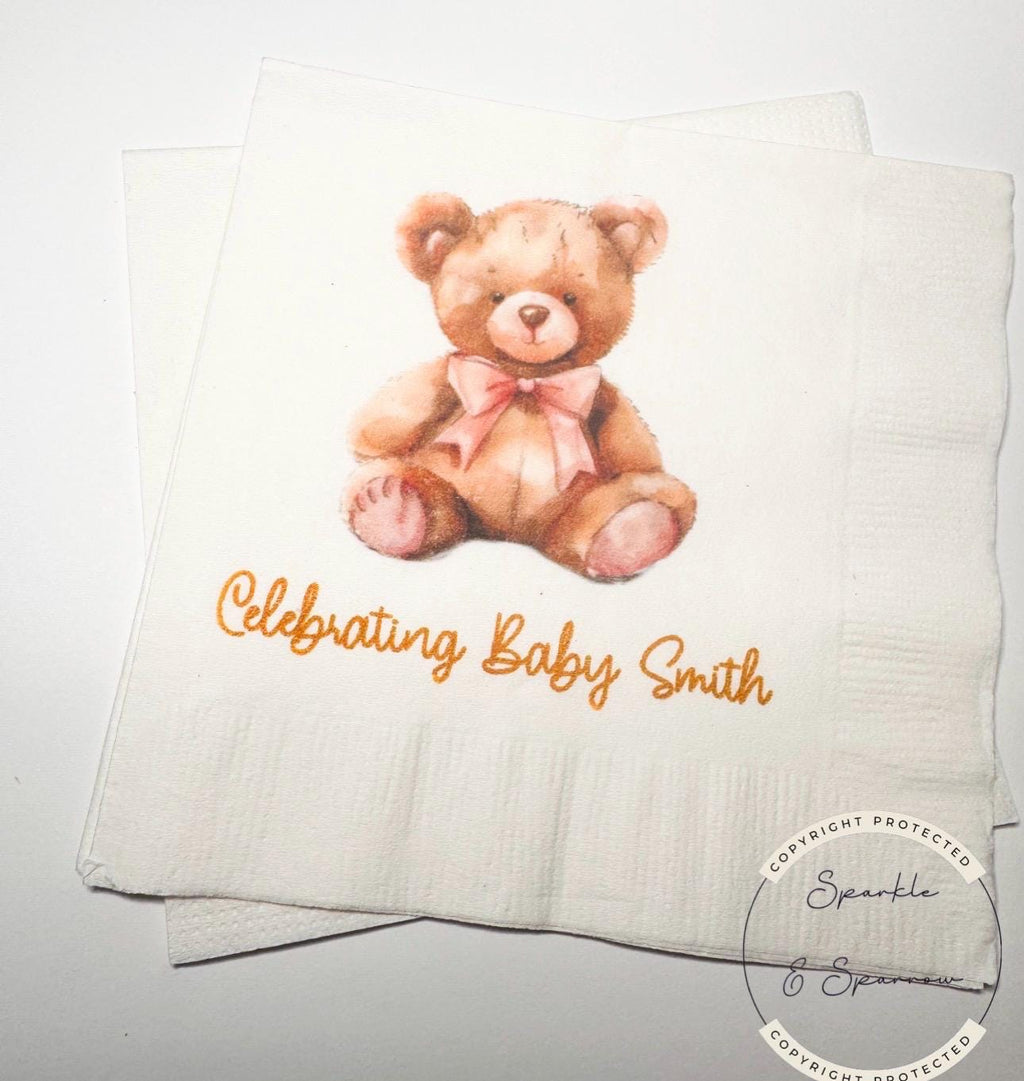 Teddy Bear Baby Shower We can Bearly Wait Pink Bow Shower Fall Baby Shower Personalized Cocktail, Luncheon or Dinner Napkins Set of 25