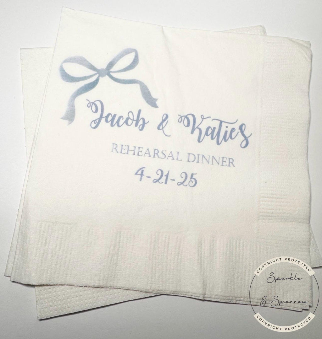 Blue Bow Rehearsal Dinner The Night Before Rehearsal Dinner Napkins Blue Wedding Personalized Cocktail or Luncheon Napkins, Set of 25