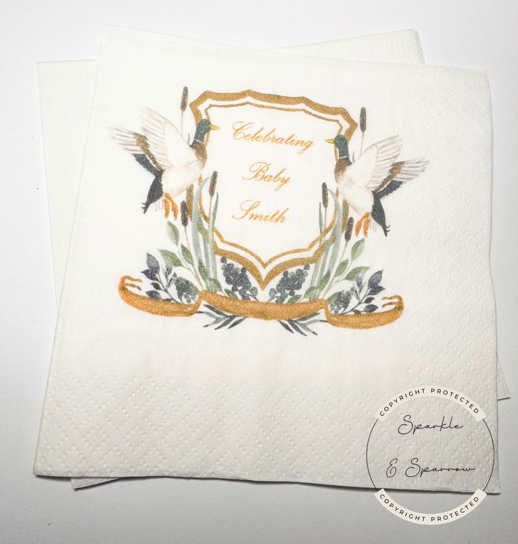 Duck Baby Shower Duck Watercolor Crest Mallard Duck Monogram Hunter Baby Shower Personalized Cocktail, Luncheon or Dinner Napkins Set of 25