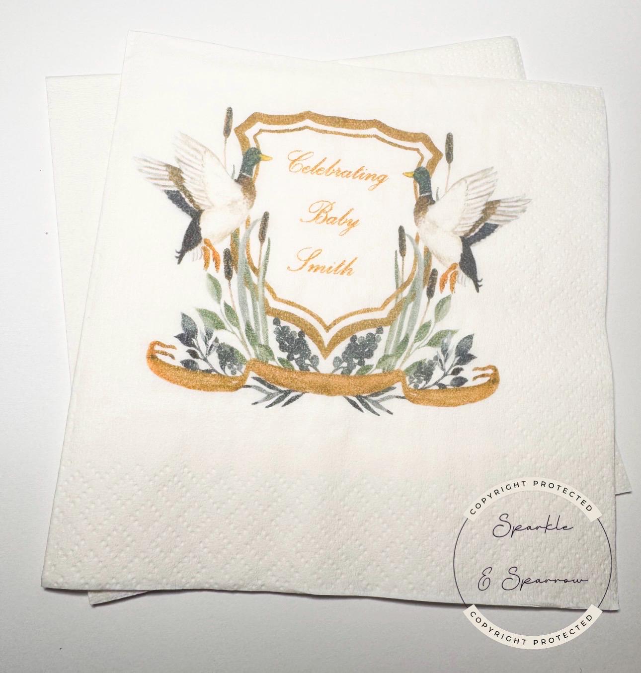 Duck Baby Shower Duck Watercolor Crest Mallard Duck Monogram Hunter Baby Shower Personalized Cocktail, Luncheon or Dinner Napkins Set of 25