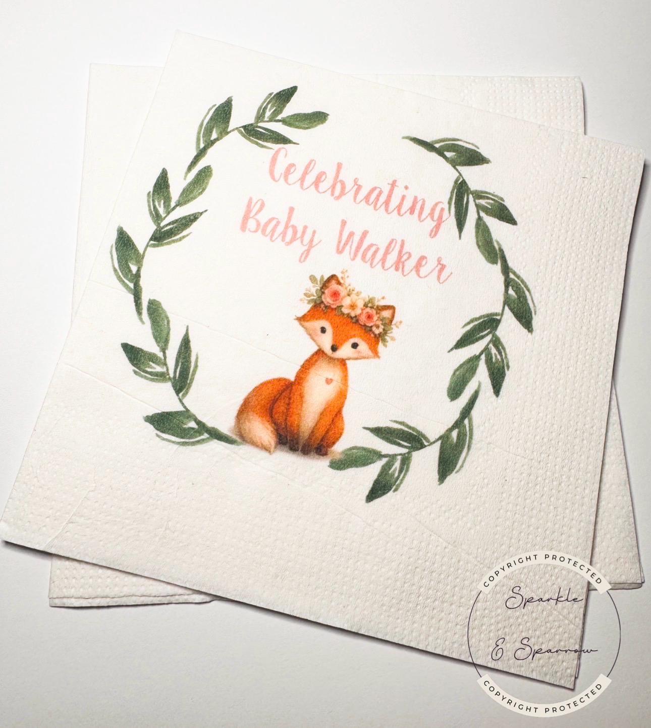 Fox Girl Baby Shower Woodland Fox Girl Personalized Fox Animal Pink Fall Baby Shower Cocktail, Luncheon or Dinner Napkins Set of 25