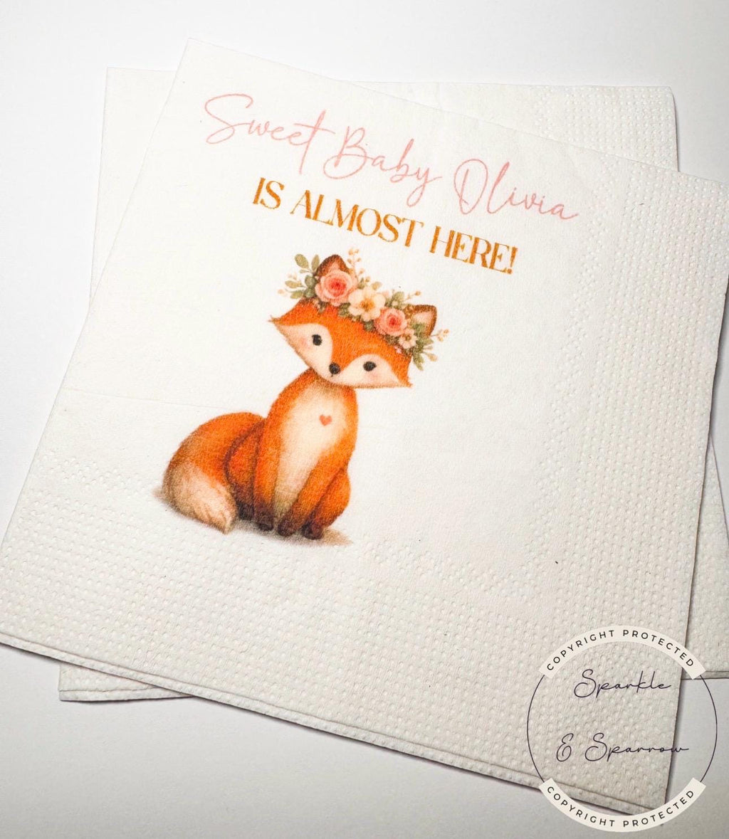 Fox Girl Baby Shower Woodland Fox Girl Personalized Fox Animal Pink Fall Baby Shower Cocktail, Luncheon or Dinner Napkins Set of 25
