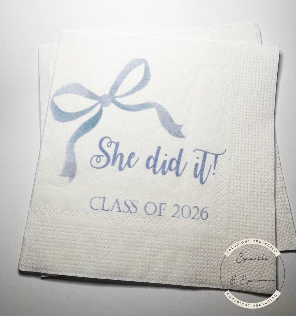 Blue Bow Graduation Party Class of 2026 She Did It Graduation Party Light Blue Bow Graduation Cocktail, Luncheon or Dinner Napkins Set of 25