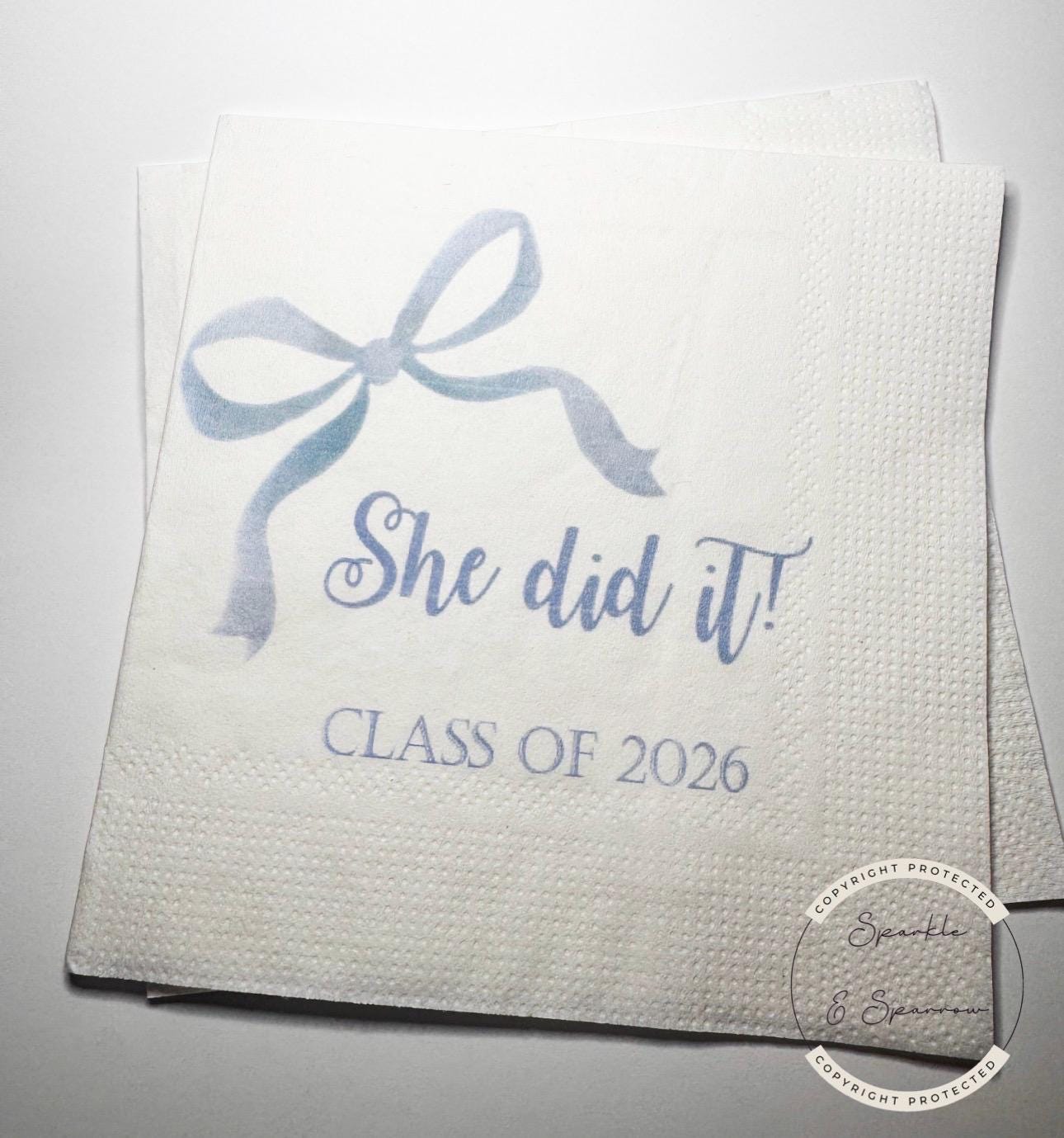 Blue Bow Graduation Party Class of 2026 She Did It Graduation Party Light Blue Bow Graduation Cocktail, Luncheon or Dinner Napkins Set of 25