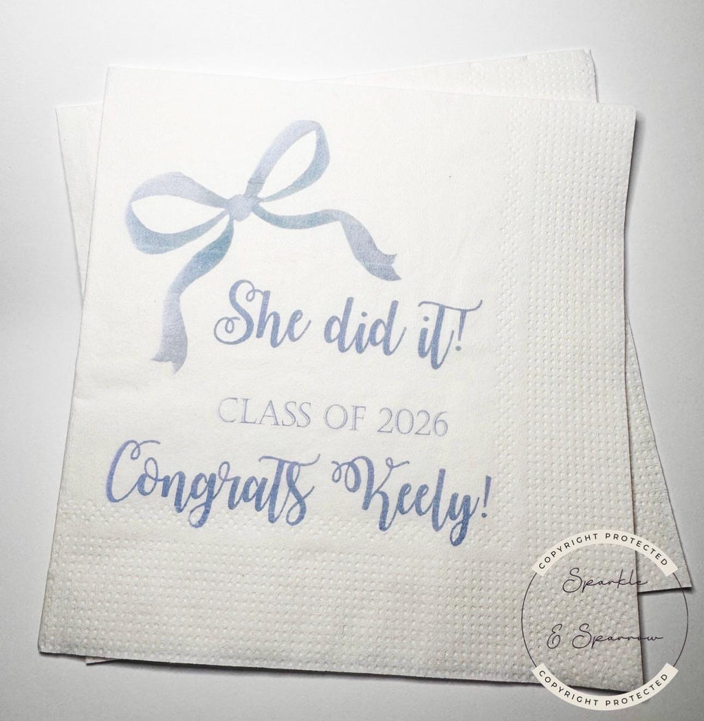 Blue Bow Graduation Party Class of 2026 She Did It Graduation Party Personalized Graduation Cocktail, Luncheon or Dinner Napkins Set of 25