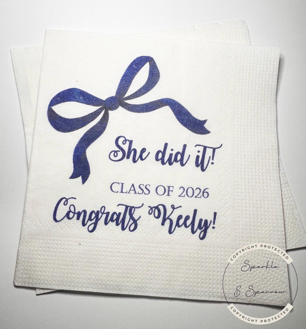 Blue Bow Graduation Party Class of 2026 She Did It Graduation Party Personalized Graduation Cocktail, Luncheon or Dinner Napkins Set of 25