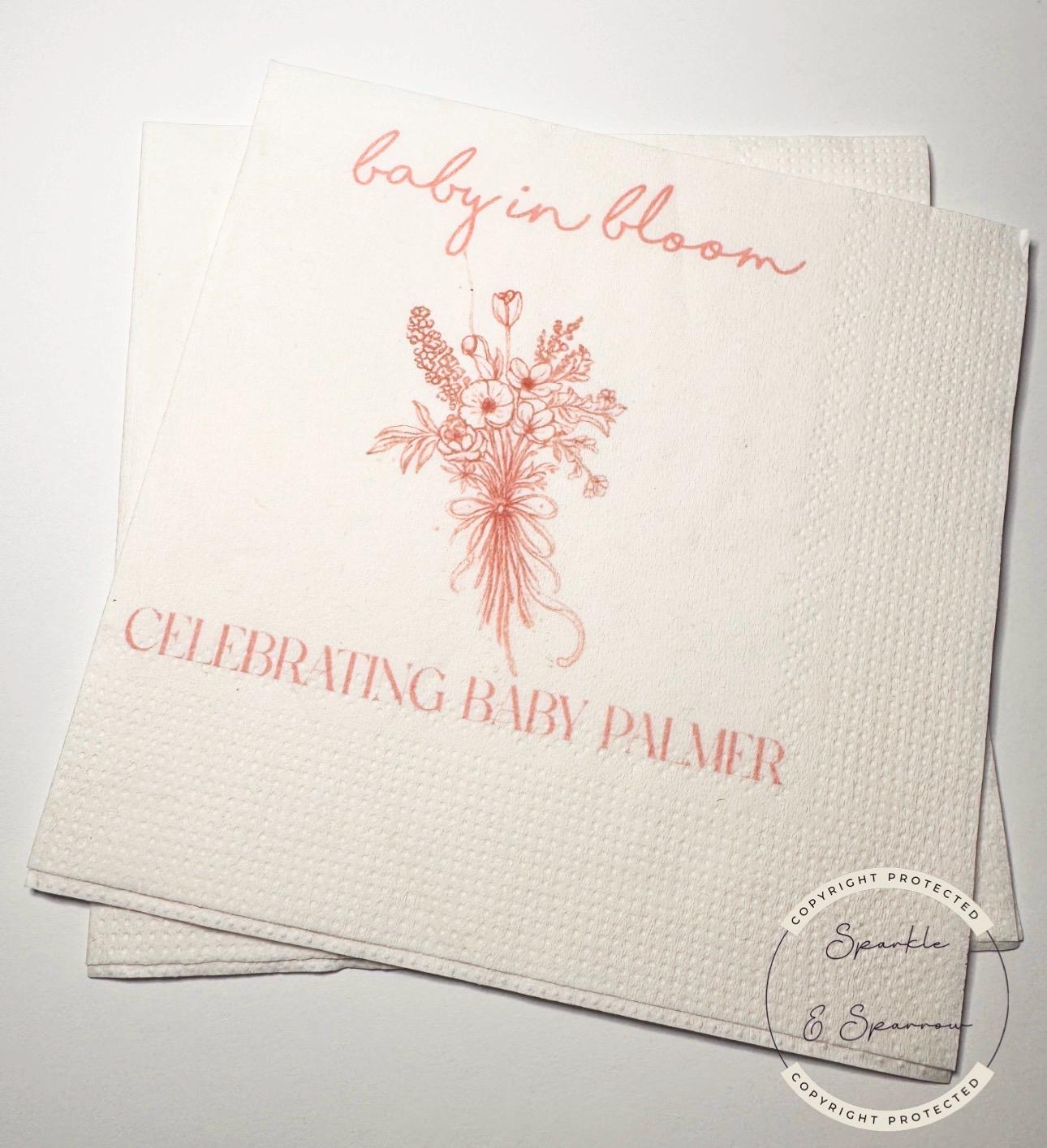 Baby in Bloom Spring Summer Baby Shower Wildflower Personalized Cocktail, Luncheon or Dinner Napkins Set of 25