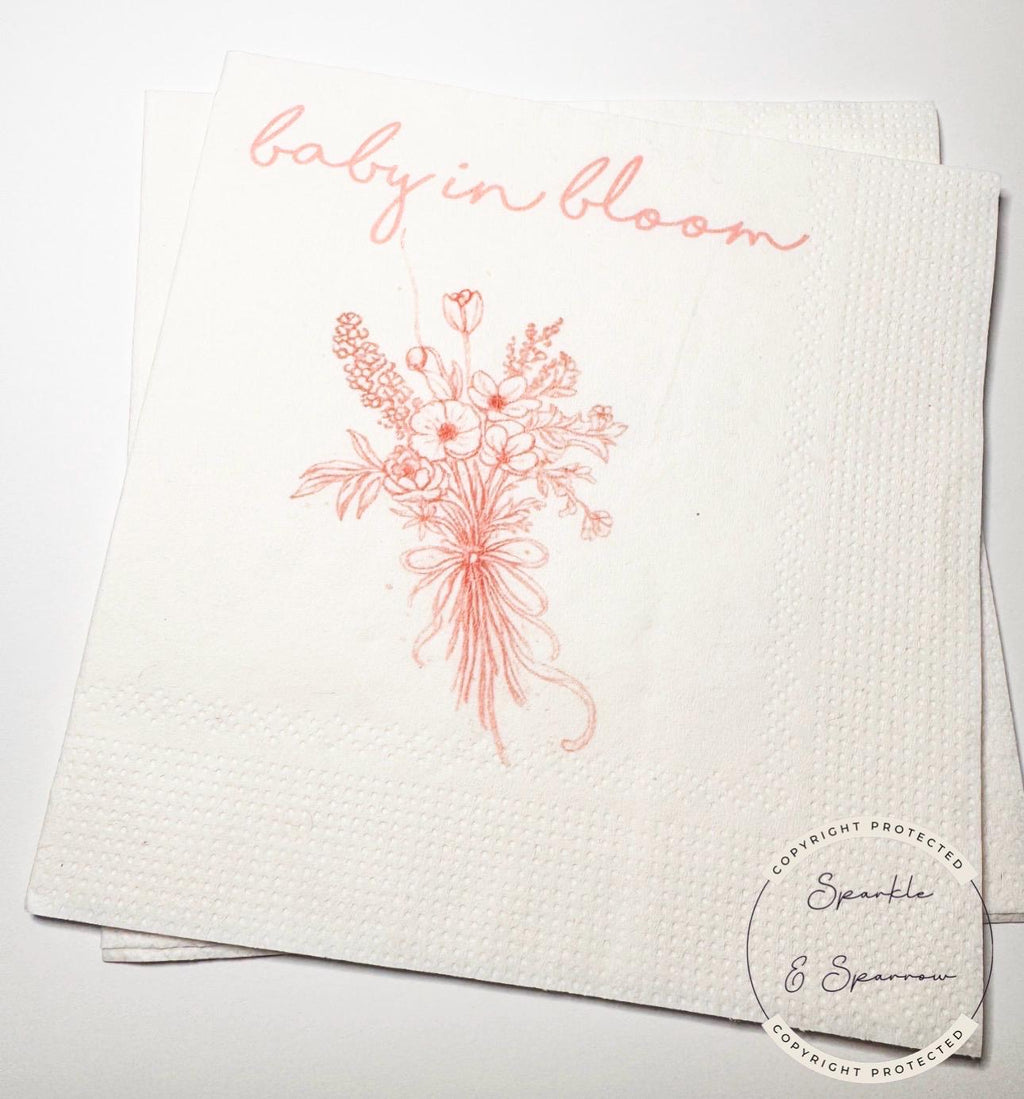 Baby in Bloom Spring Summer Baby Shower Wildflower Pink Floral Baby Shower Cocktail, Luncheon or Dinner Napkins Set of 25