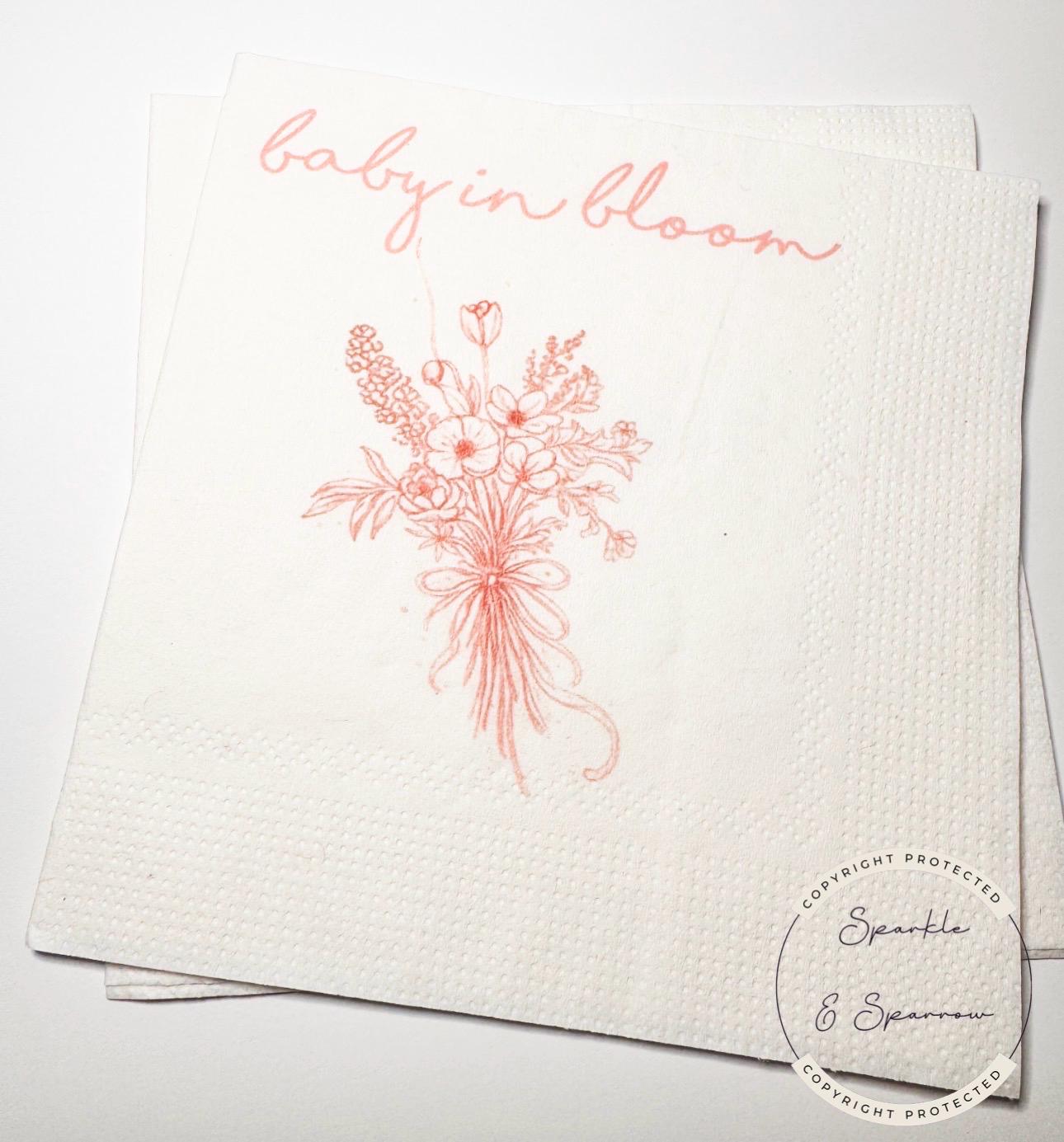 Baby in Bloom Spring Summer Baby Shower Wildflower Pink Floral Baby Shower Cocktail, Luncheon or Dinner Napkins Set of 25
