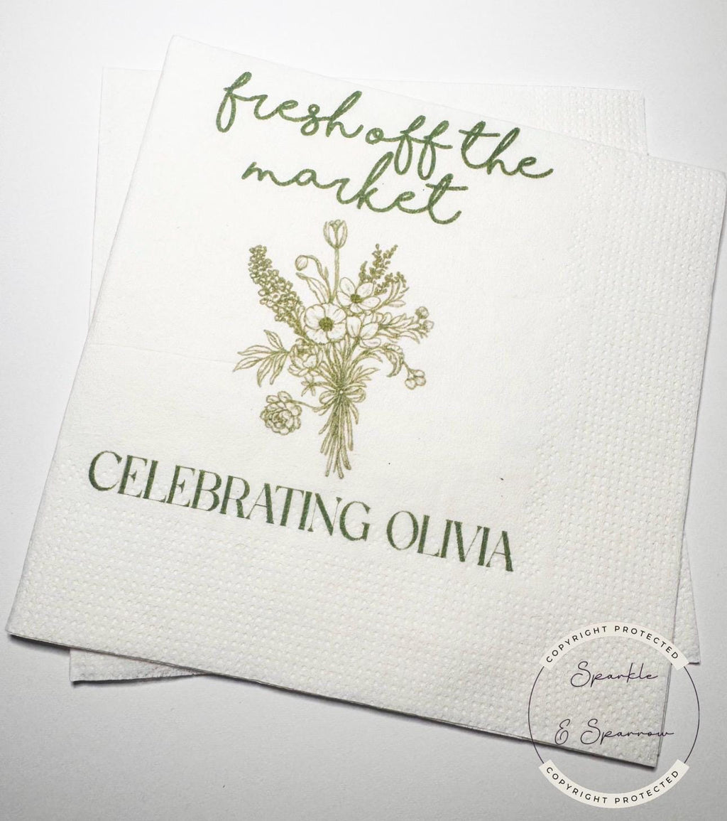 Fresh Off The Market Bridal Shower Spring Floral Summer Bridal Shower Flower Personalized Cocktail, Luncheon or Dinner Napkins Set of 25
