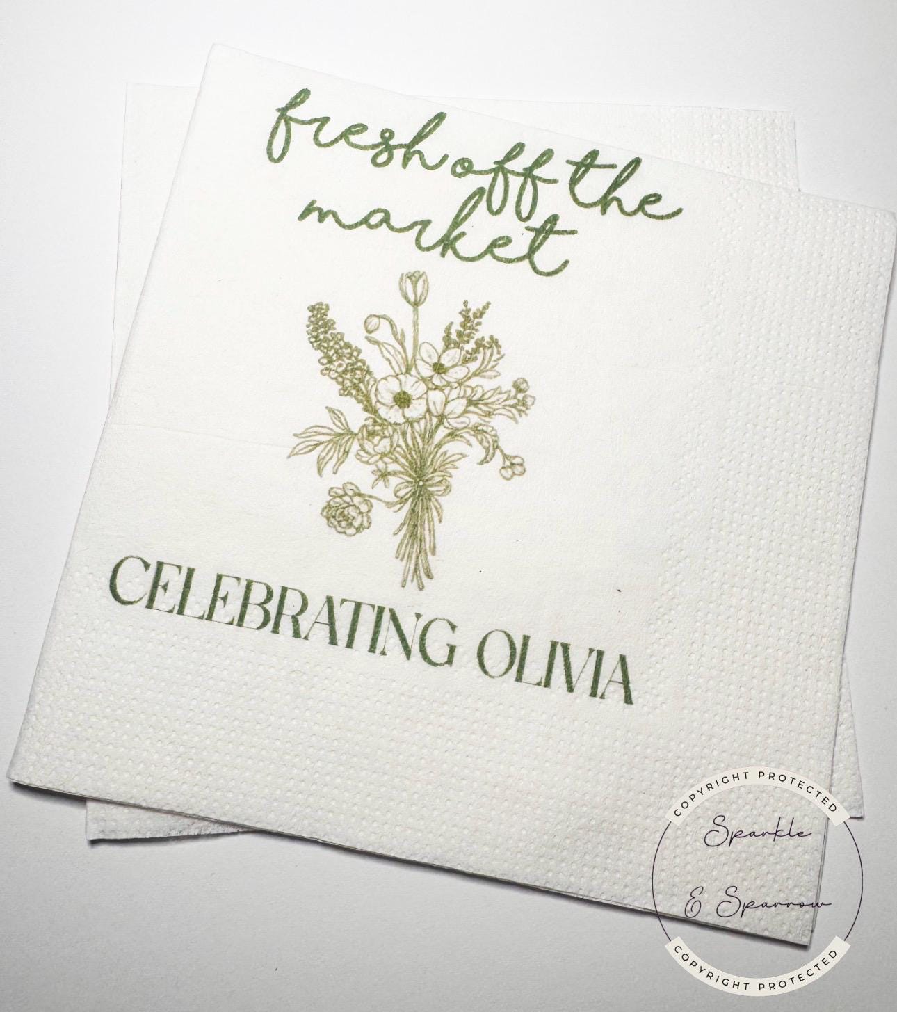Fresh Off The Market Bridal Shower Spring Floral Summer Bridal Shower Flower Personalized Cocktail, Luncheon or Dinner Napkins Set of 25