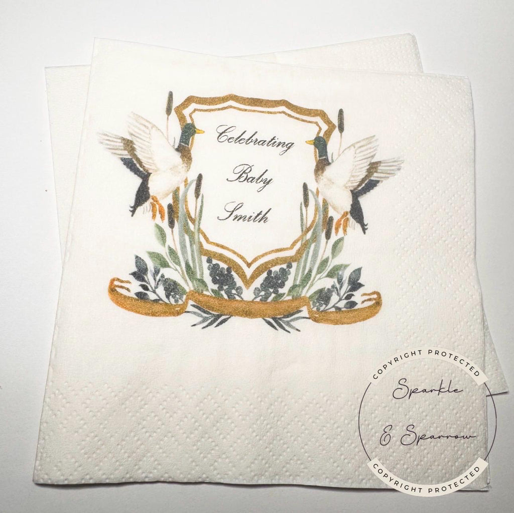 Duck Baby Shower Duck Watercolor Crest Mallard Duck Monogram Hunter Baby Shower Personalized Cocktail, Luncheon or Dinner Napkins Set of 25