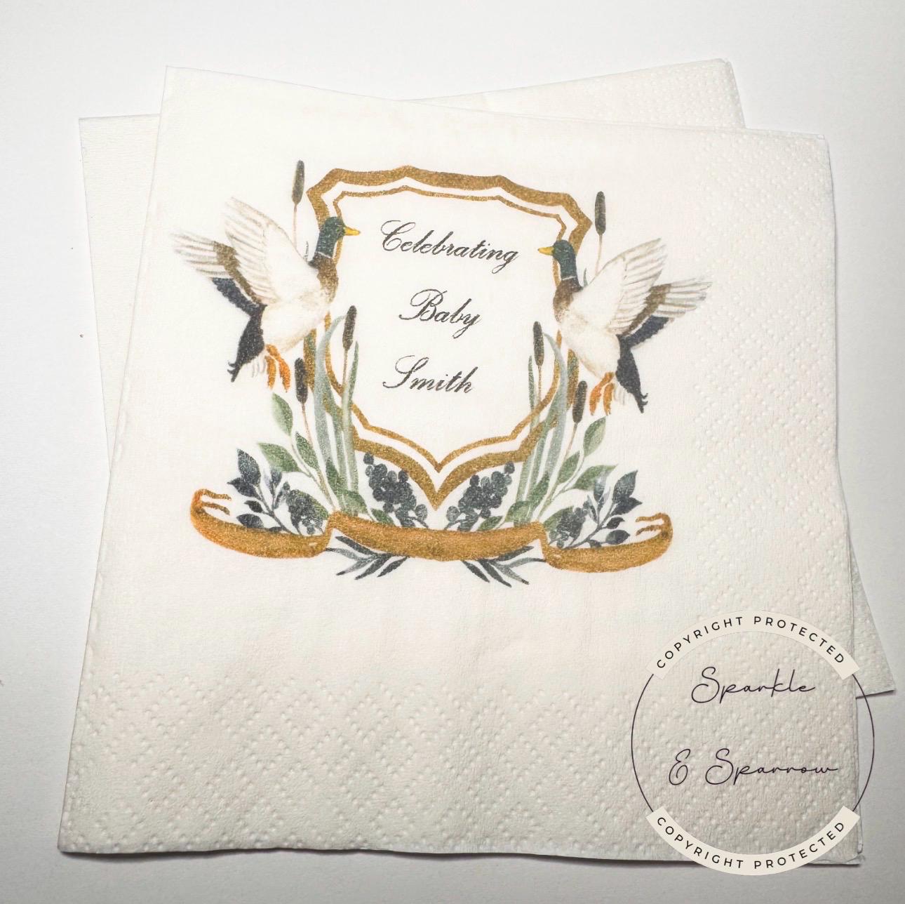 Duck Baby Shower Duck Watercolor Crest Mallard Duck Monogram Hunter Baby Shower Personalized Cocktail, Luncheon or Dinner Napkins Set of 25