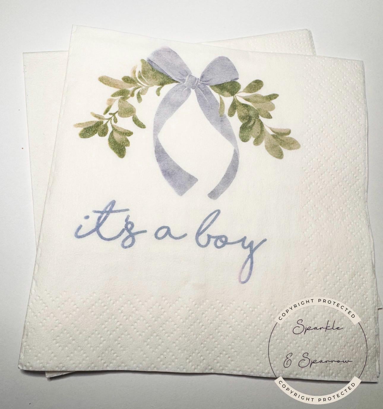 Blue Bow Baby Shower It’s a Boy Blue Boy Baby Shower Napkins Preppy Chic Baby Cocktail, Luncheon or Dinner Napkins Set of 25