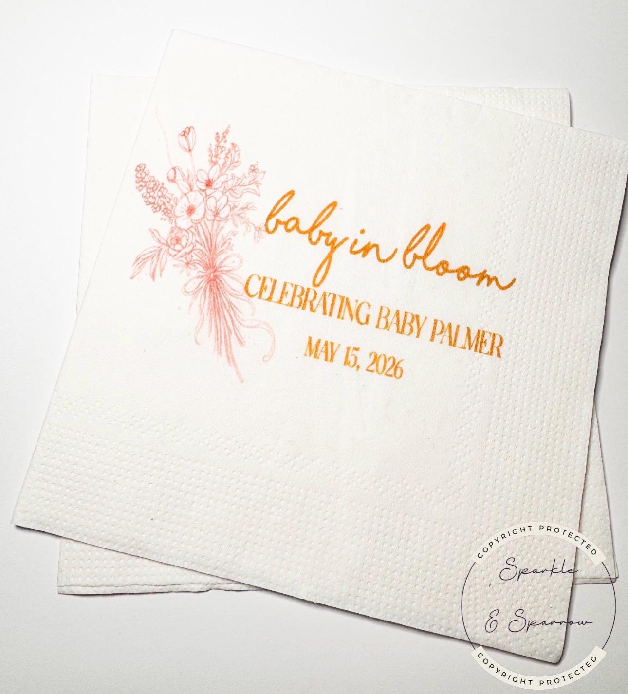 Baby in Bloom Spring Summer Baby Shower Wildflower Personalized Cocktail, Luncheon or Dinner Napkins Set of 25