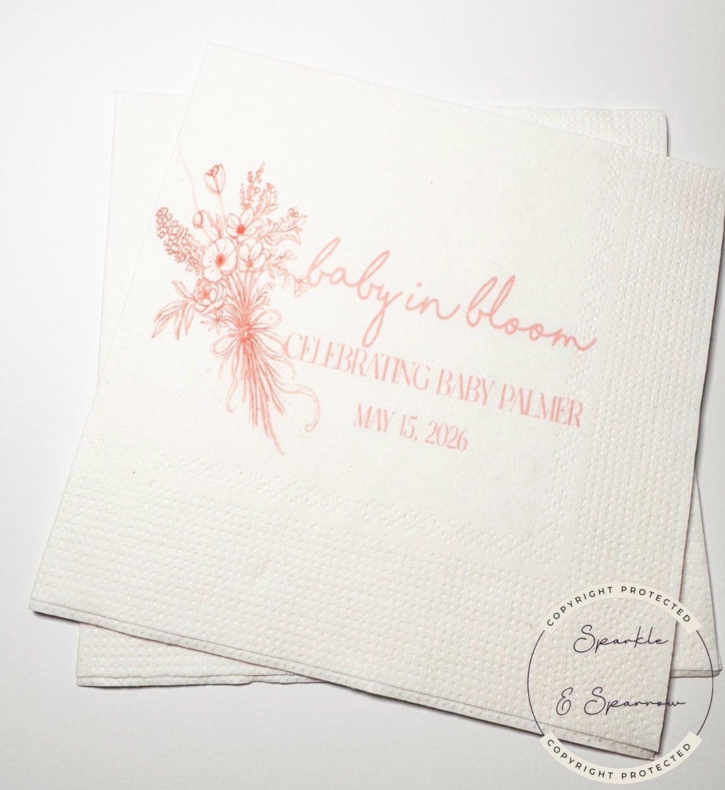 Baby in Bloom Spring Summer Baby Shower Wildflower Personalized Cocktail, Luncheon or Dinner Napkins Set of 25