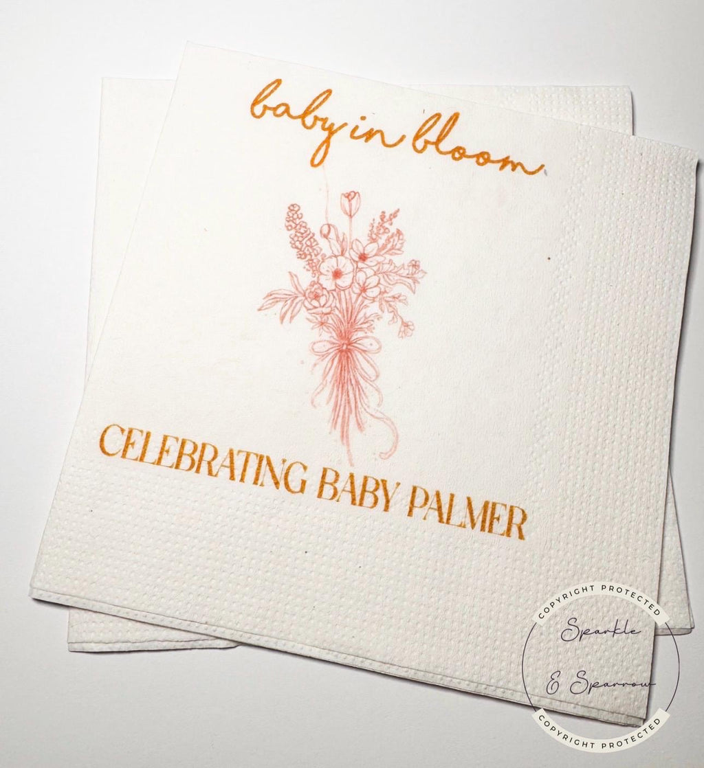Baby in Bloom Spring Summer Baby Shower Wildflower Personalized Cocktail, Luncheon or Dinner Napkins Set of 25