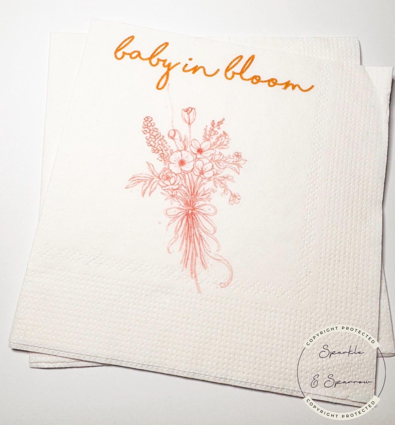 Baby in Bloom Spring Summer Baby Shower Wildflower Pink Floral Baby Shower Cocktail, Luncheon or Dinner Napkins Set of 25