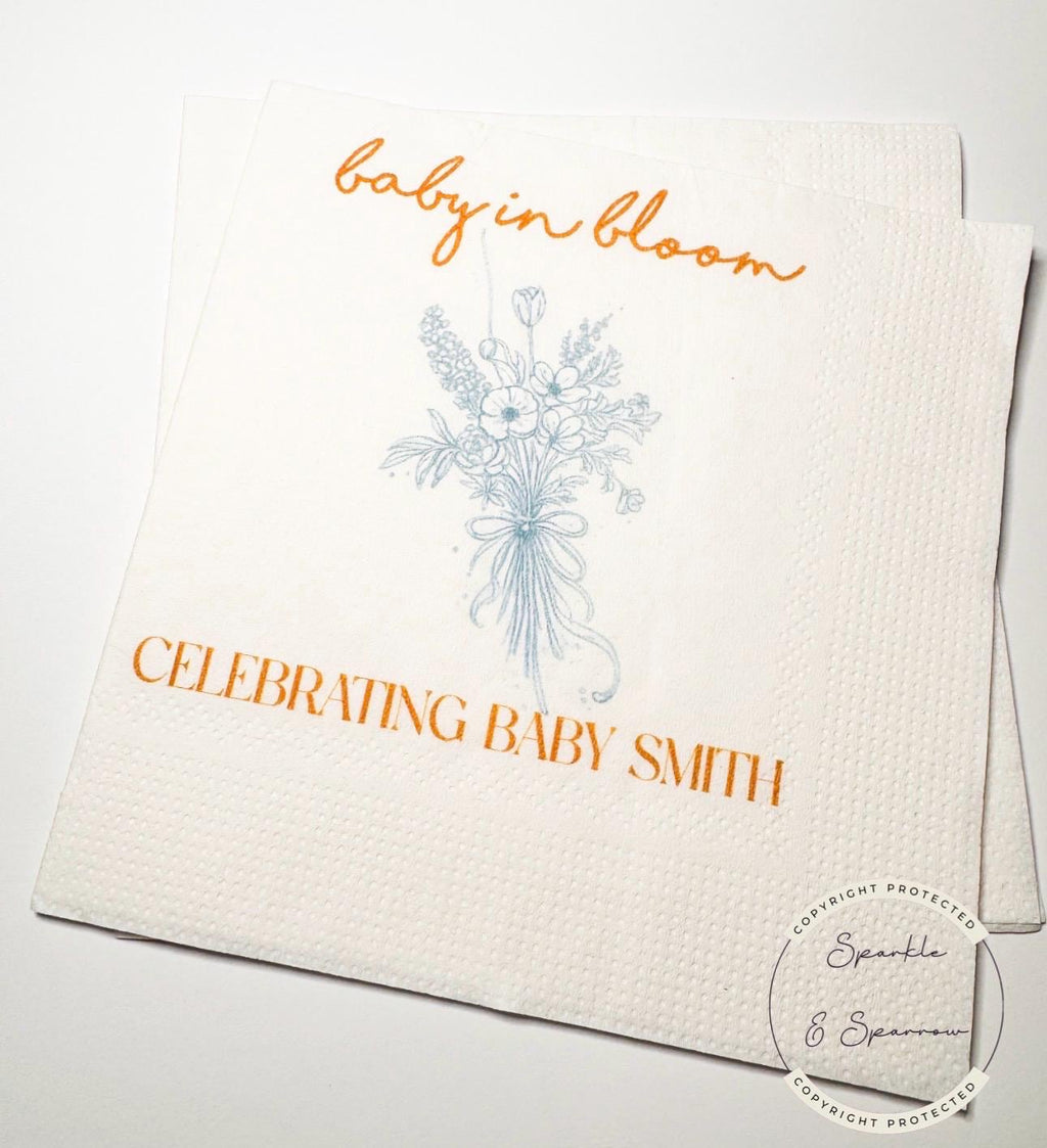 Baby in Bloom Spring Summer Baby Shower Wildflower Personalized Cocktail, Luncheon or Dinner Napkins Set of 25