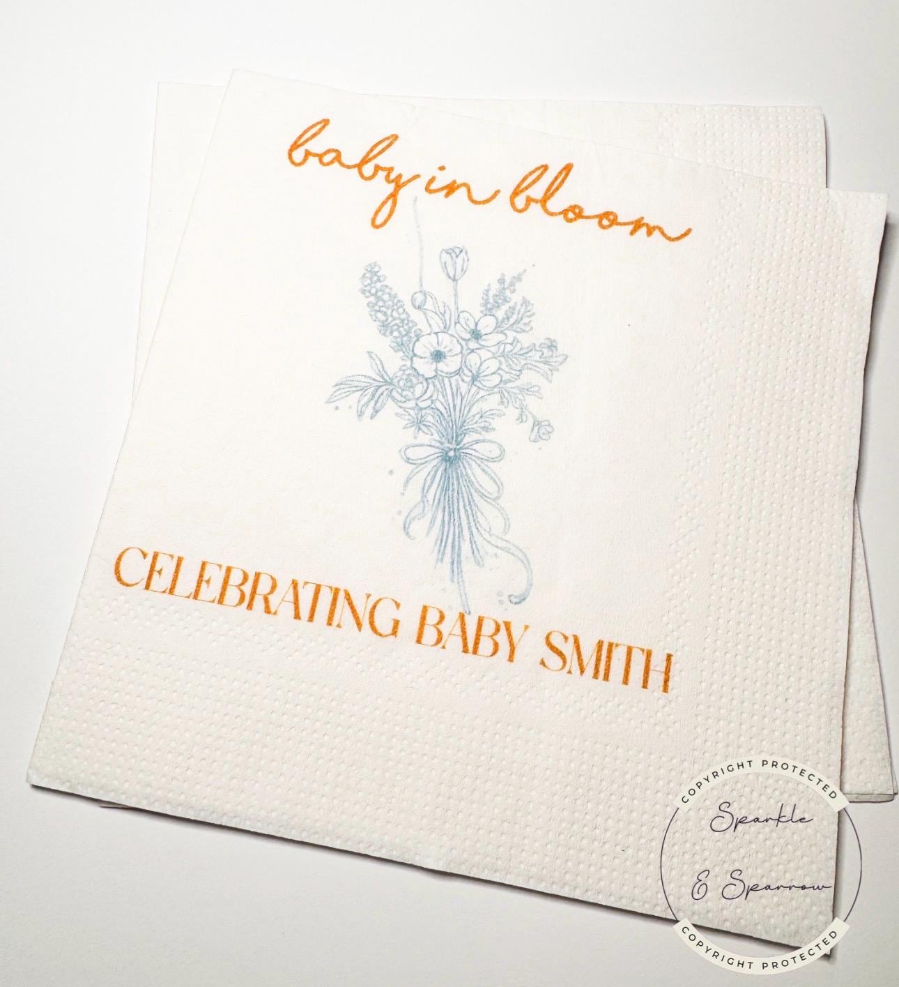 Baby in Bloom Spring Summer Baby Shower Wildflower Personalized Cocktail, Luncheon or Dinner Napkins Set of 25