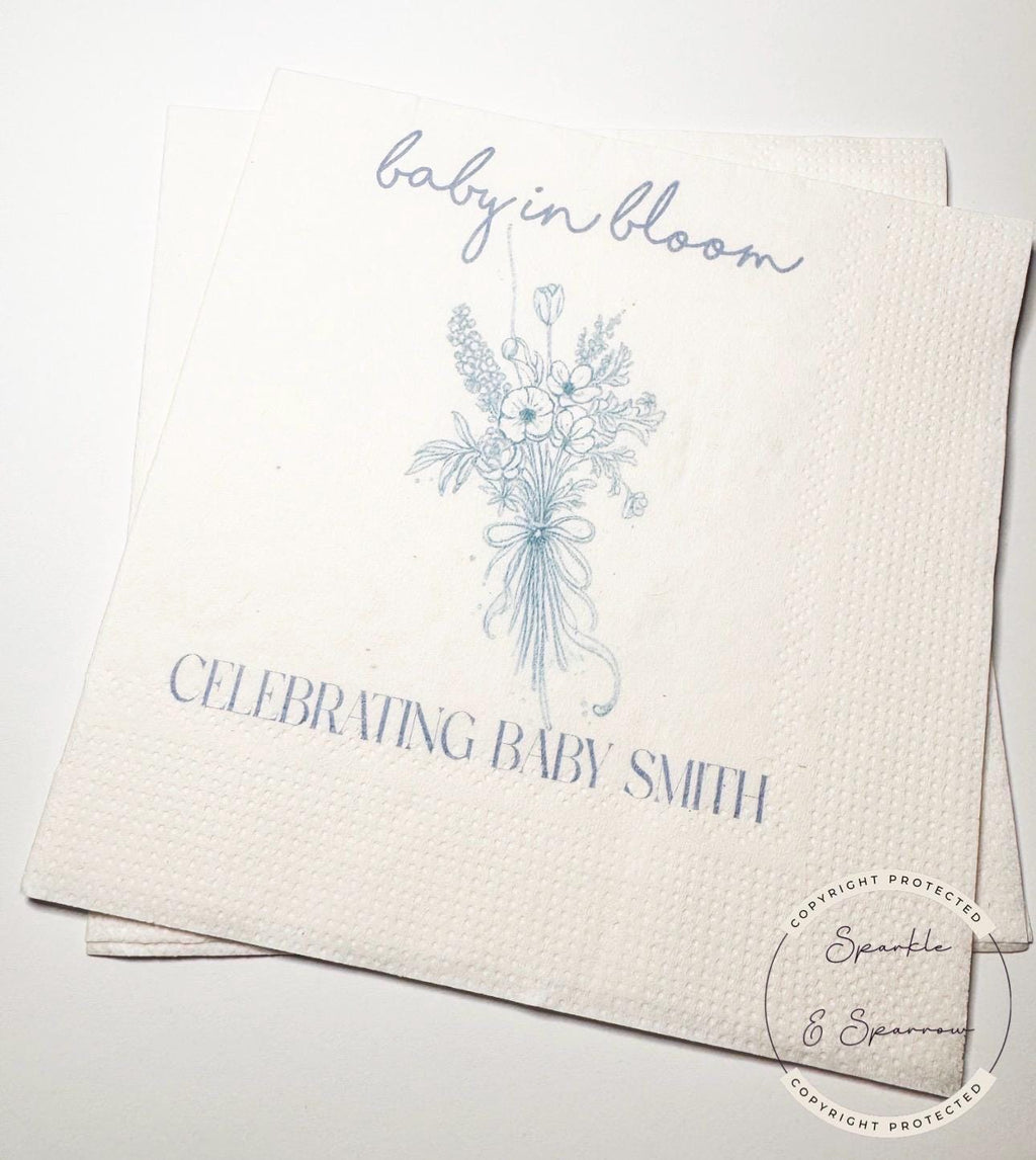 Baby in Bloom Spring Summer Baby Shower Wildflower Personalized Cocktail, Luncheon or Dinner Napkins Set of 25