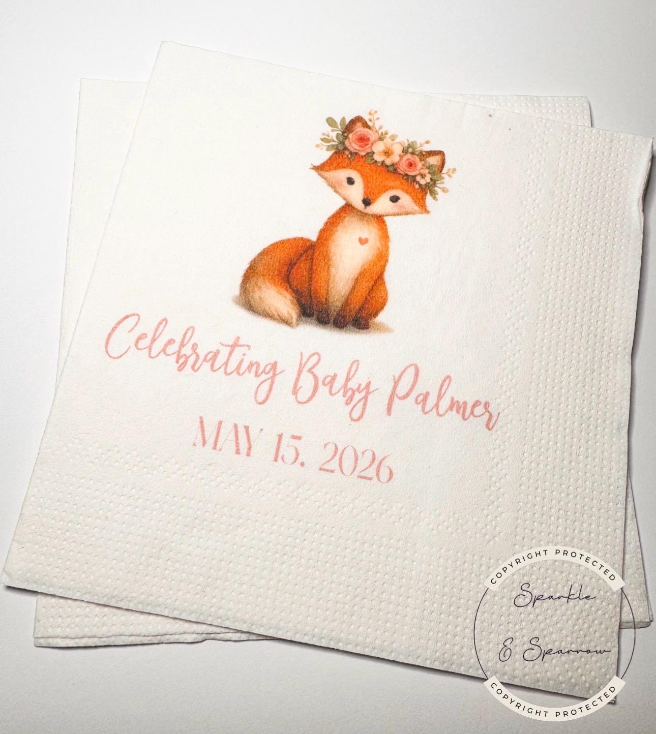 Fox Girl Baby Shower Woodland Fox Girl Personalized Fox Animal Pink Fall Baby Shower Cocktail, Luncheon or Dinner Napkins Set of 25
