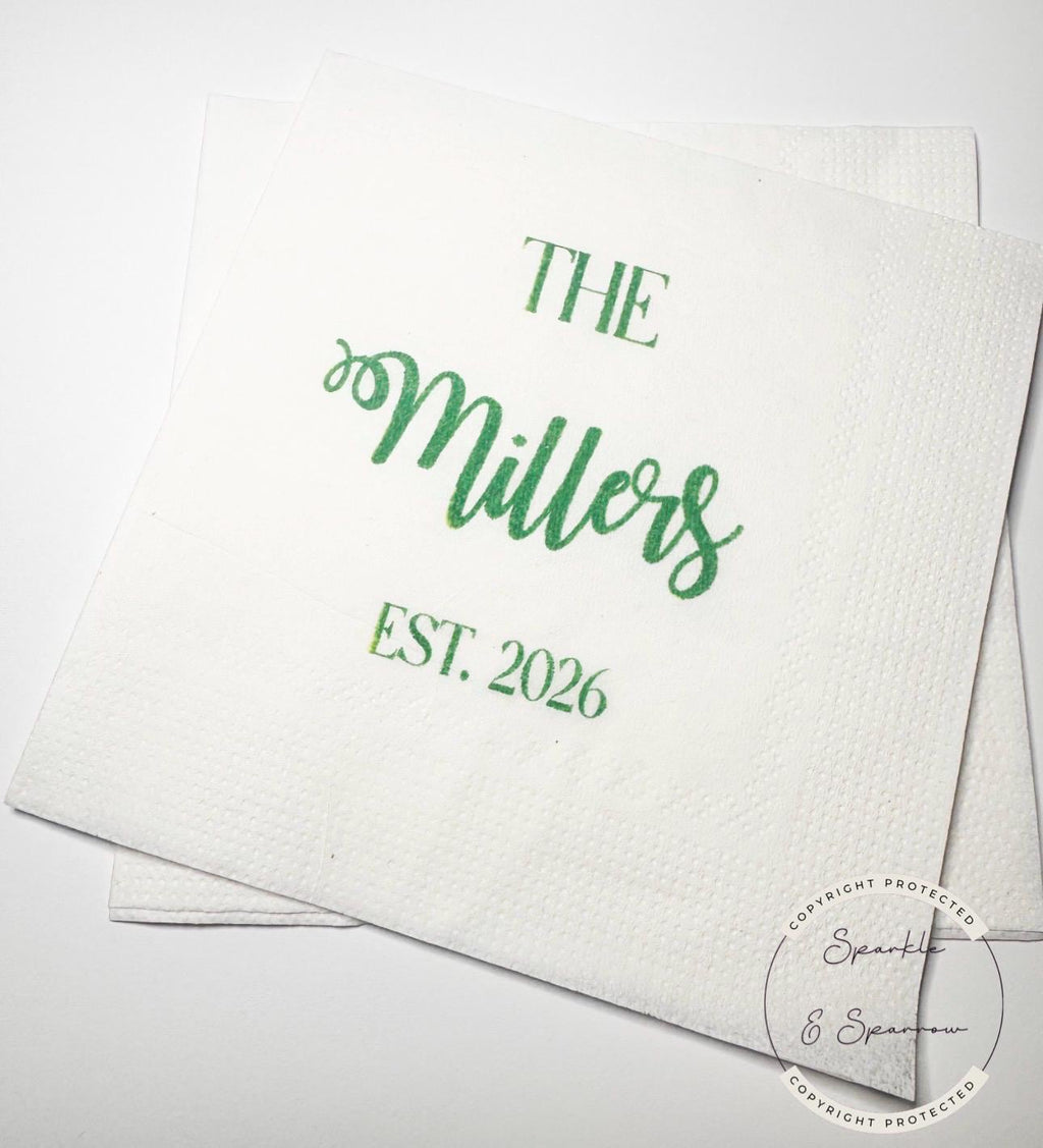 Monogrammed Wedding Napkins Wedding Reception Bridal Shower Personalized Green Wedding Cocktail, Luncheon or Dinner Napkins Set of 25