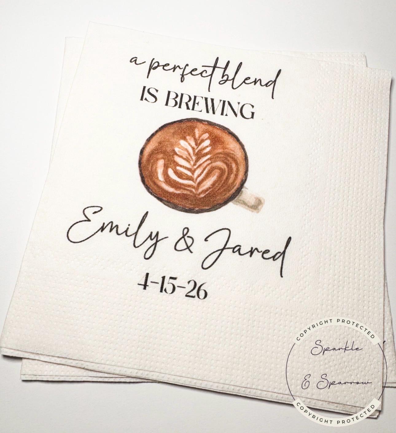 Perfect Blend Coffee Bar Wedding Coffee Bridal Shower Perfect Blend Love is Brewing Personalized Cocktail or Luncheon Napkins, Set of 25