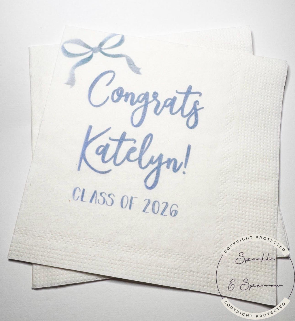 Blue Bow Graduation Party Class of 2026 She Did It Graduation Party Personalized Graduation Cocktail, Luncheon or Dinner Napkins Set of 25