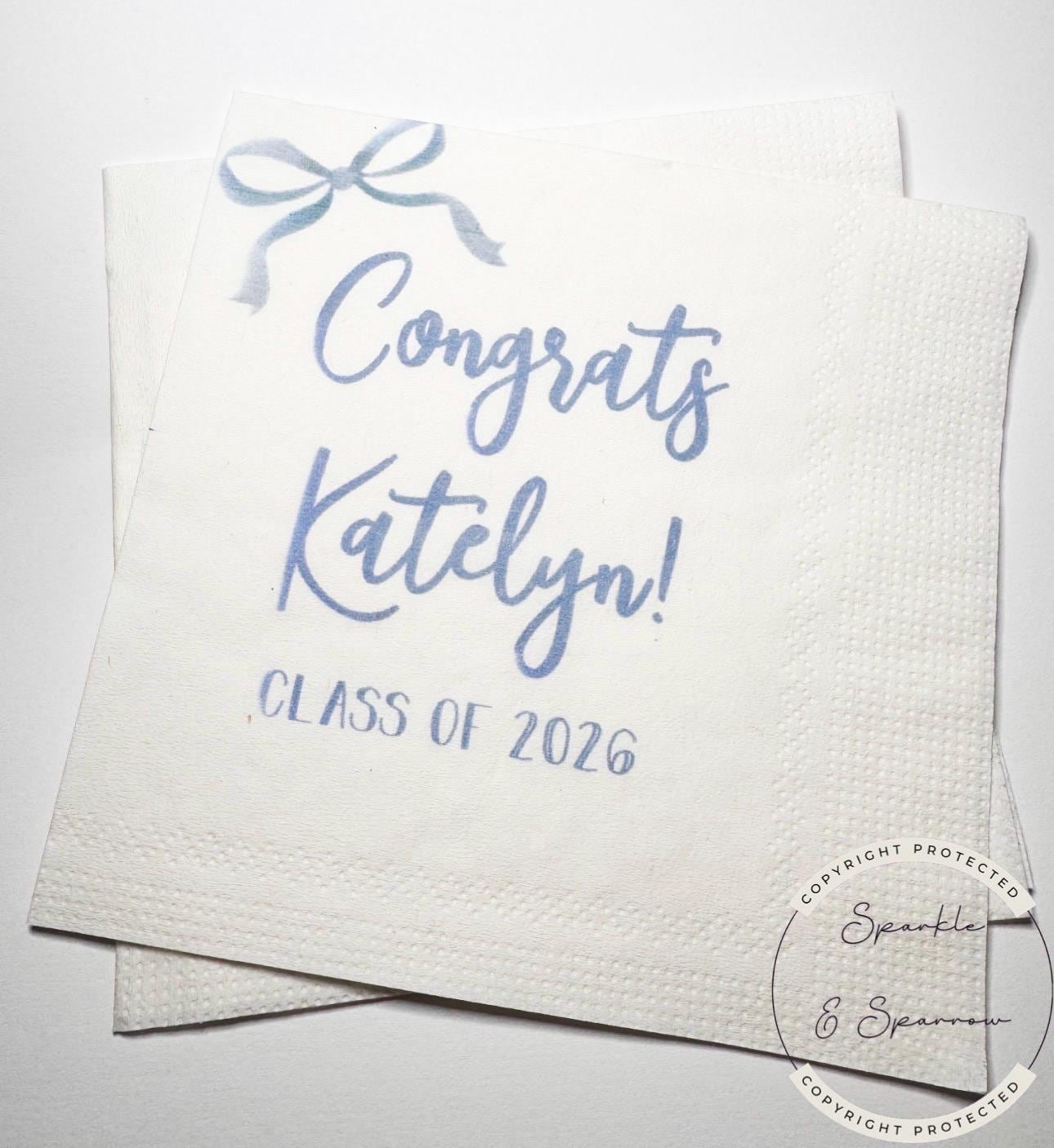 Blue Bow Graduation Party Class of 2026 She Did It Graduation Party Personalized Graduation Cocktail, Luncheon or Dinner Napkins Set of 25