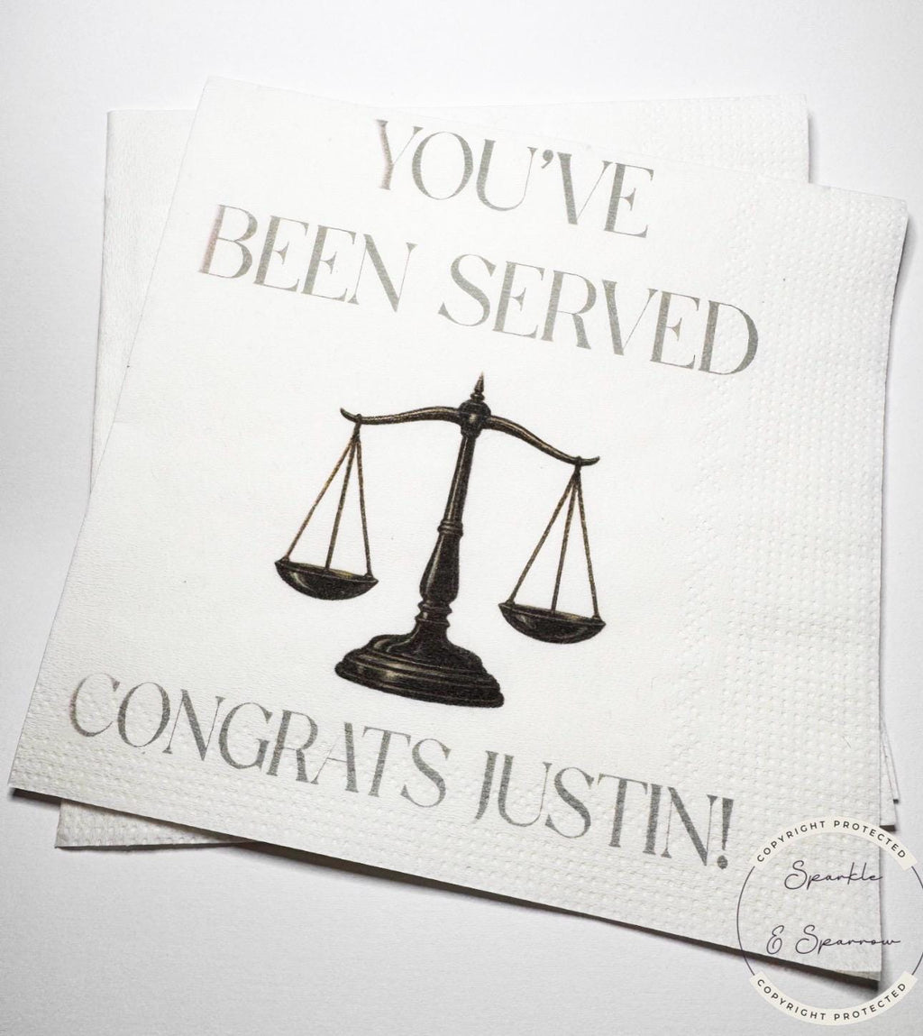 You've Been Served Law School Graduation Lawyer Graduation Party Funny Law Party Personalized Cocktail, Luncheon or Dinner Napkins Set of 25