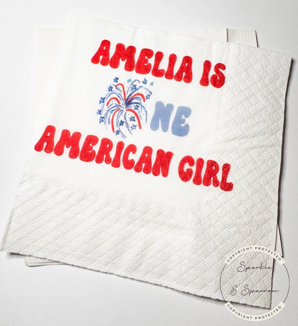 One American Girl Patriotic 1st Birthday 4th of July Birthday Independence Day Red White Blue Personalized Birthday Party Napkins, Set of 25
