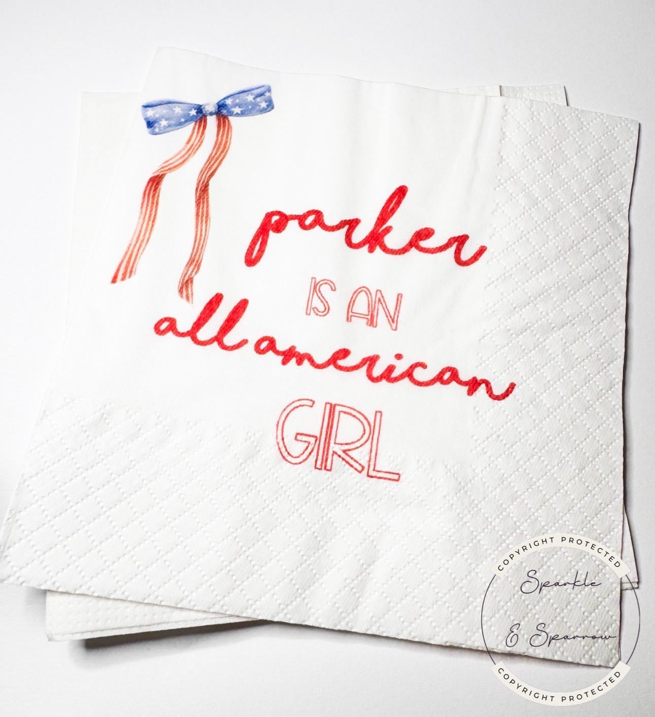 One American Girl Patriotic 1st Birthday 4th of July Birthday Independence Day Red White Blue Personalized Birthday Party Napkins, Set of 25