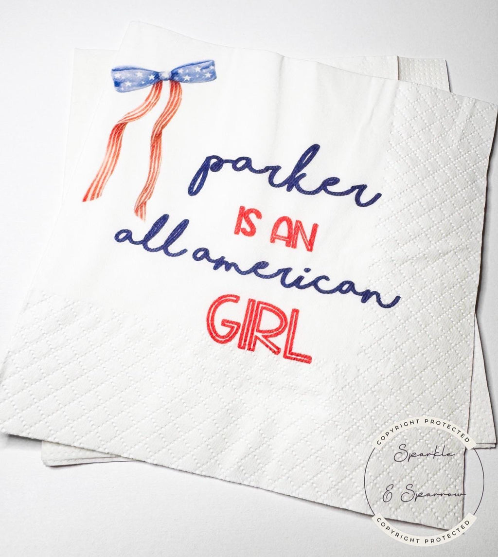 One American Girl Patriotic 1st Birthday 4th of July Birthday Independence Day Red White Blue Personalized Birthday Party Napkins, Set of 25