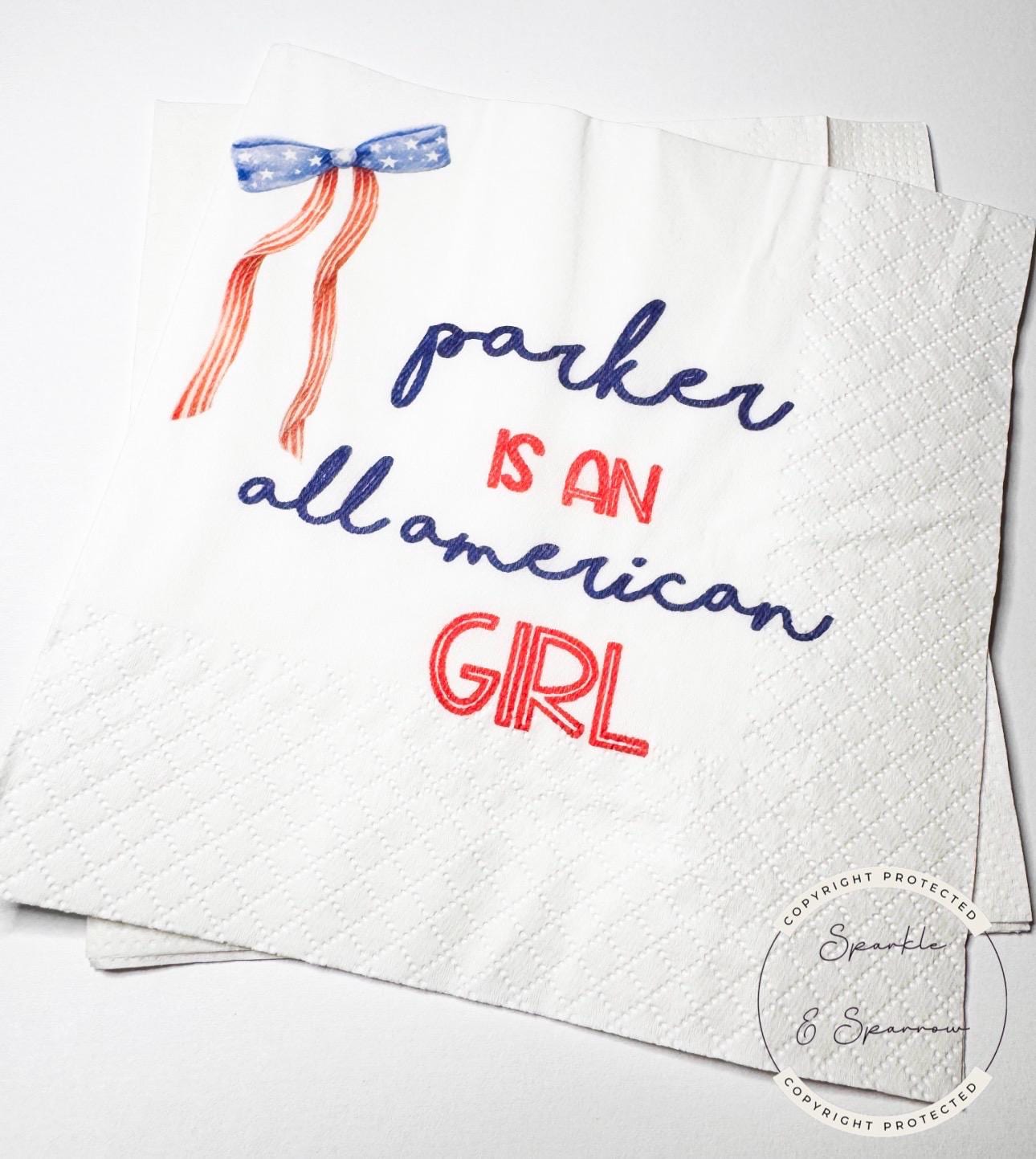 One American Girl Patriotic 1st Birthday 4th of July Birthday Independence Day Red White Blue Personalized Birthday Party Napkins, Set of 25