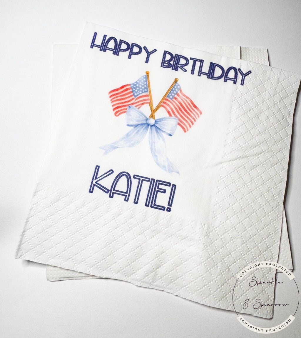 Patriotic Birthday One American Girl Red White Blue Bow Patriotic 4th of July Bday Personalized Cocktail, Lunch or Dinner Napkins, Set of 25