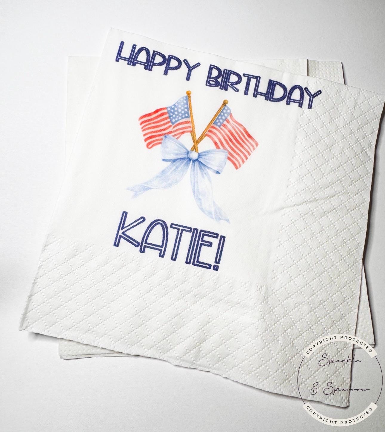Patriotic Birthday One American Girl Red White Blue Bow Patriotic 4th of July Bday Personalized Cocktail, Lunch or Dinner Napkins, Set of 25