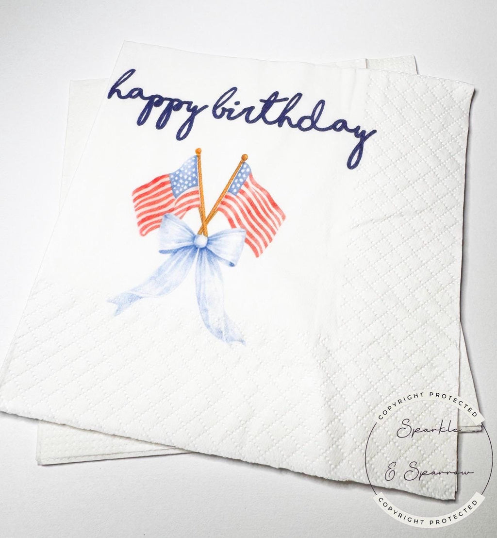 Patriotic Birthday 4th of July Birthday Red White Blue American Flag Birthday Blue Bow Memorial Cocktail, Lunch or Dinner Napkins, Set of 25