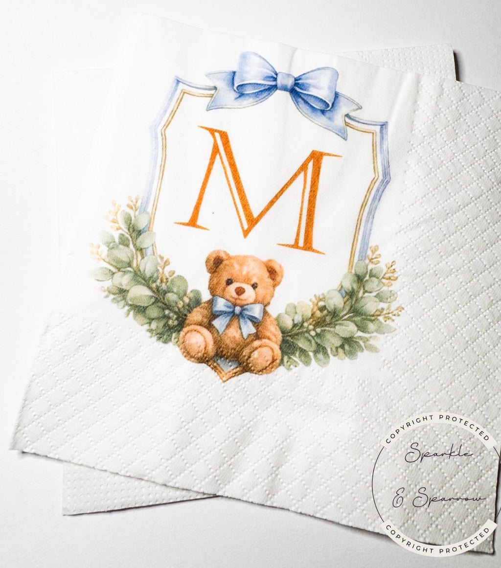 Teddy Bear Baby Shower We can Bearly Wait Shower Teddy Bear Blue Bow Birthday Personalized Cocktail, Luncheon or Dinner Napkins Set of 25