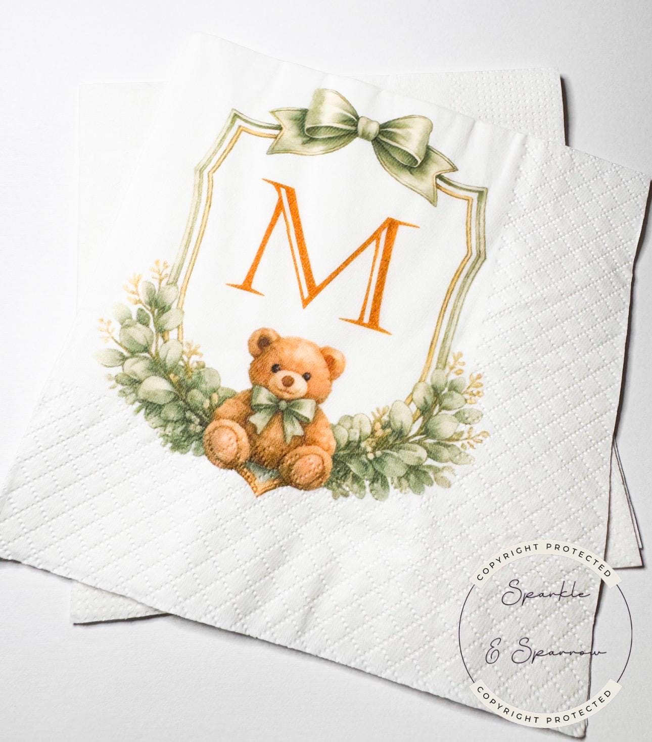 Teddy Bear Baby Shower We can Bearly Wait Shower Teddy Bear Green Bow Birthday Personalized Cocktail, Luncheon or Dinner Napkins Set of 25