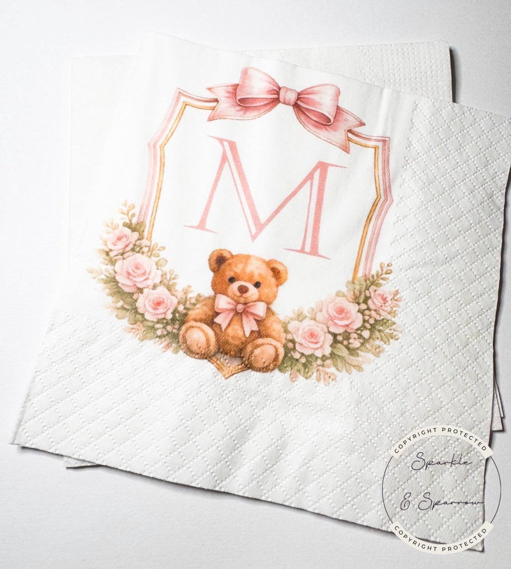 Teddy Bear Baby Shower We can Bearly Wait Shower Teddy Bear Pink Bow Birthday Personalized Cocktail, Luncheon or Dinner Napkins Set of 25