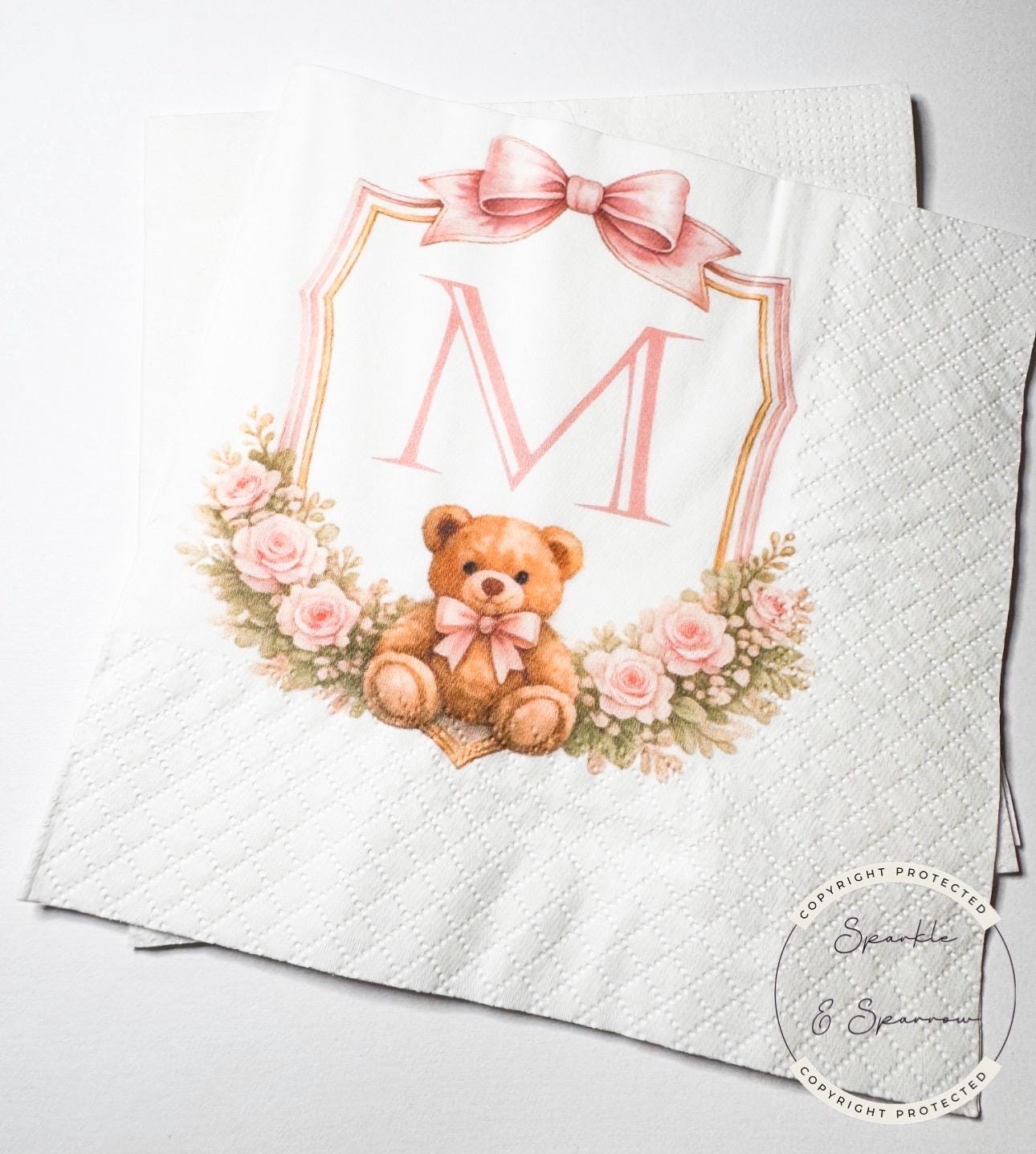 Teddy Bear Baby Shower We can Bearly Wait Shower Teddy Bear Pink Bow Birthday Personalized Cocktail, Luncheon or Dinner Napkins Set of 25