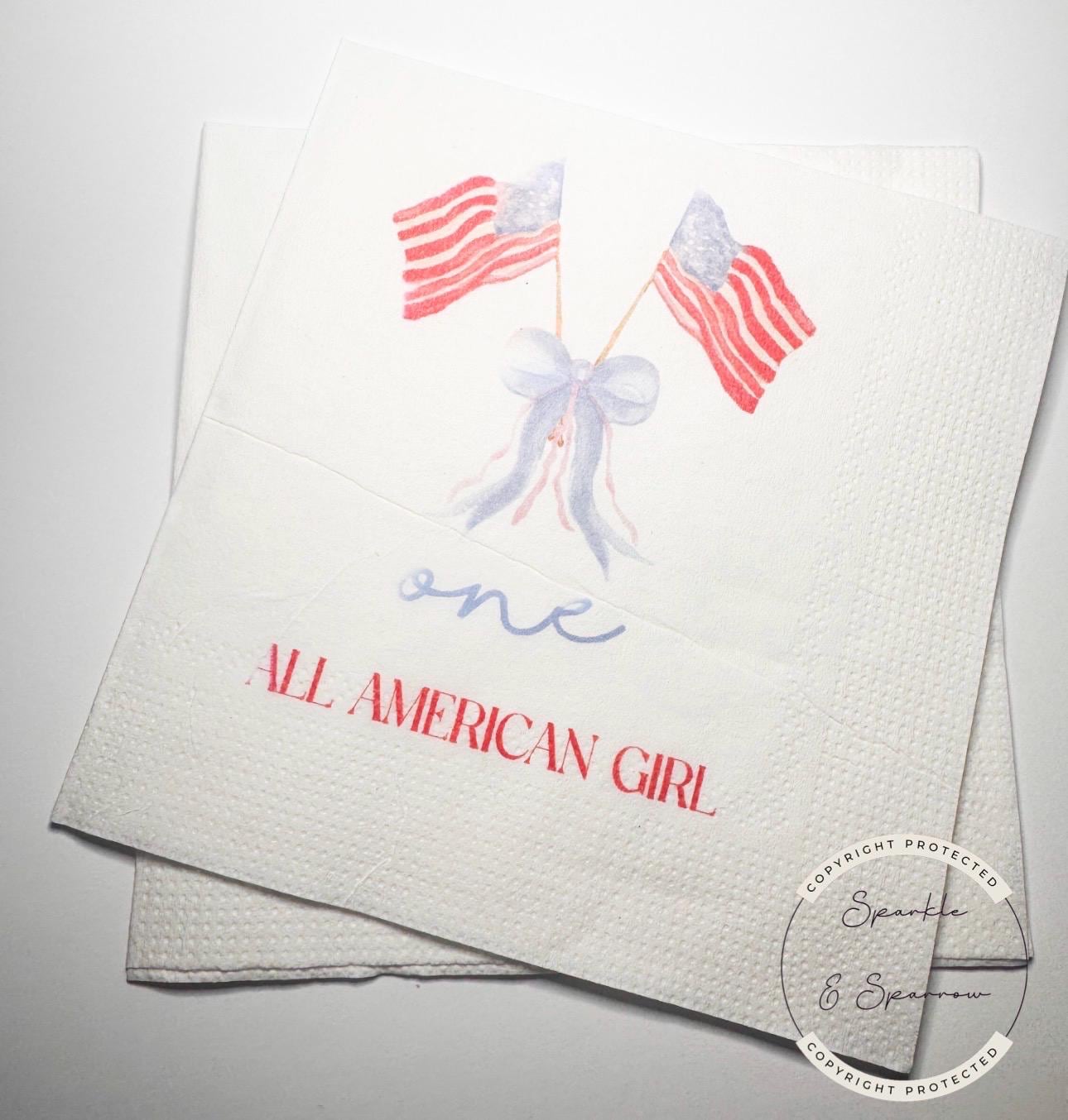 One All American Girl Patriotic 1st Birthday 4th of July Birthday Independence Day Red White Blue Birthday Party Napkins, Set of 25